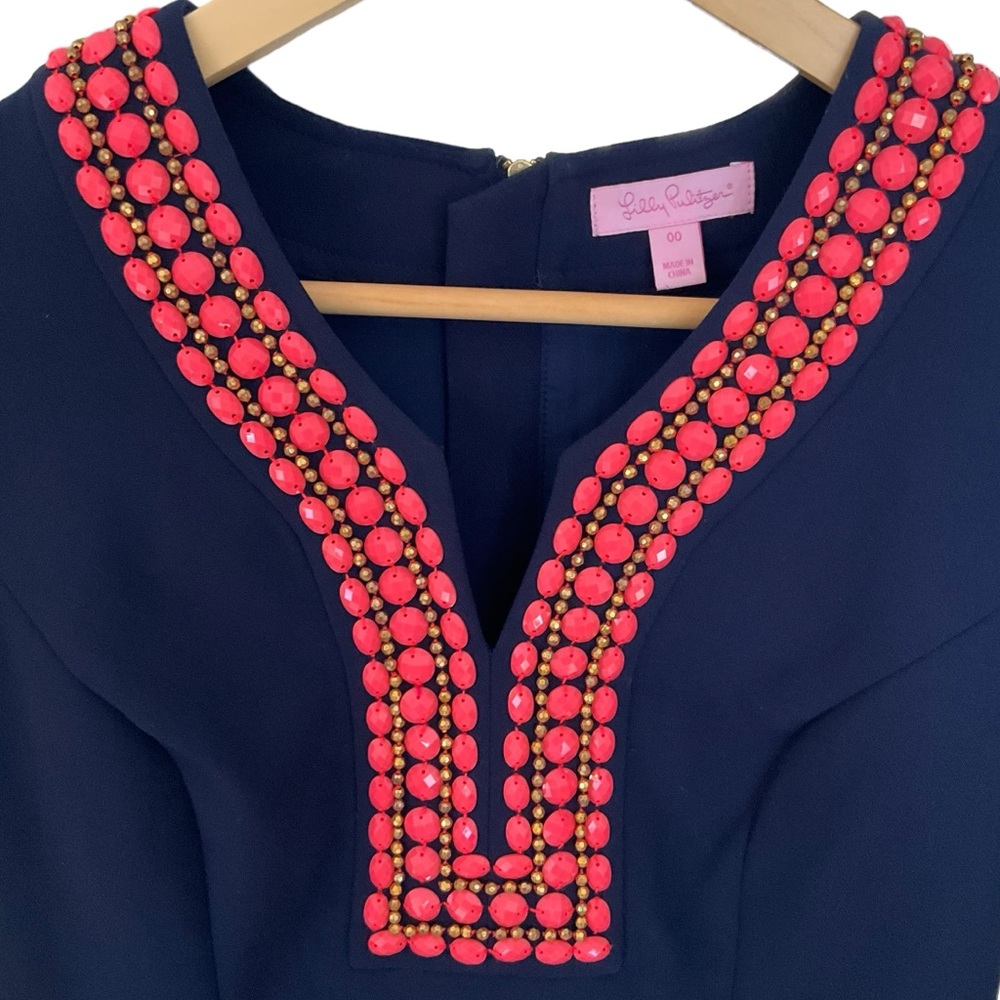 Lilly Pulitzer Bennett Mini Sheath Dress Navy Blue Coral Beaded Jewels - Picture 9 of 16